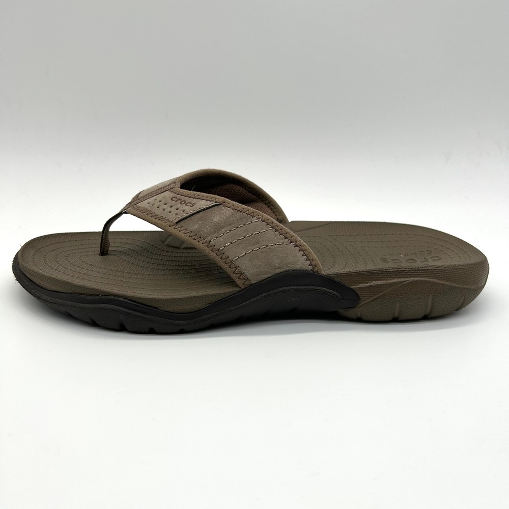 Crocs Swiftwater Flip Flops Mens 10 Brown Leather Rugged Thong Sandal 202547